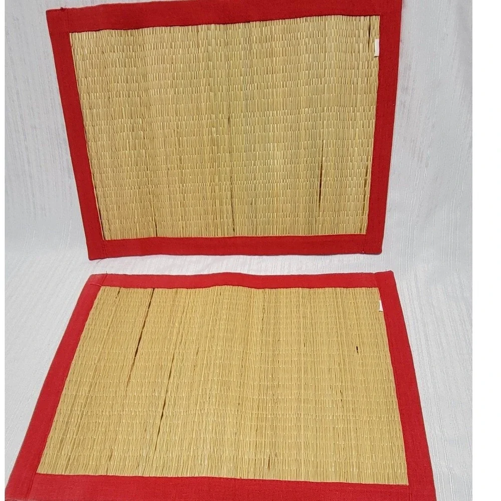 Vintage Woven Straw Placemats Set of 2 Red Fabric Border Natural Tan 18x12